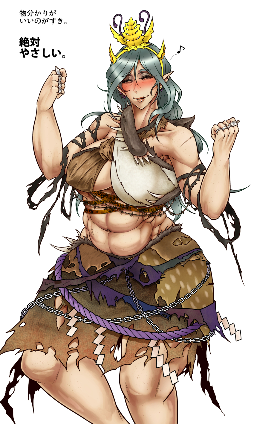 1girl abs absurdres antennae brass_knuckles breasts brown_skirt chain chirizuka_ubame clenched_hands closed_eyes closed_mouth commentary_request criss-cross_halter feet_out_of_frame fossilized_wonders grey_hair halterneck headpiece highres large_breasts long_hair midriff muscular muscular_female navel pointy_ears rope ryuuichi_(f_dragon) shide shimenawa simple_background skirt smile solo torn_clothes torn_skirt touhou underboob variant_set weapon white_background