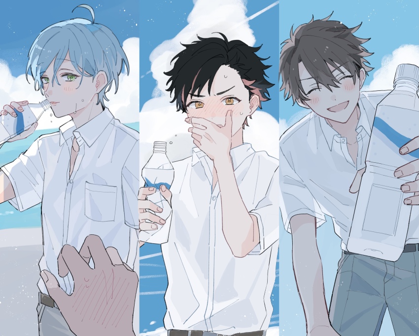 3boys absurdres ahoge black_hair blue_hair blue_sky blush bottle brown_hair closed_eyes cloud covering_own_mouth ensemble_stars! green_eyes grey_pants hair_between_eyes highres holding holding_bottle light_particles looking_at_viewer male_focus morisawa_chiaki multicolored_hair multiple_boys nagumo_tetora open_mouth orange_hair oshi_cutepm outstretched_hand pants parted_bangs parted_lips shinkai_kanata shirt sky smile streaked_hair sweat water_bottle white_shirt