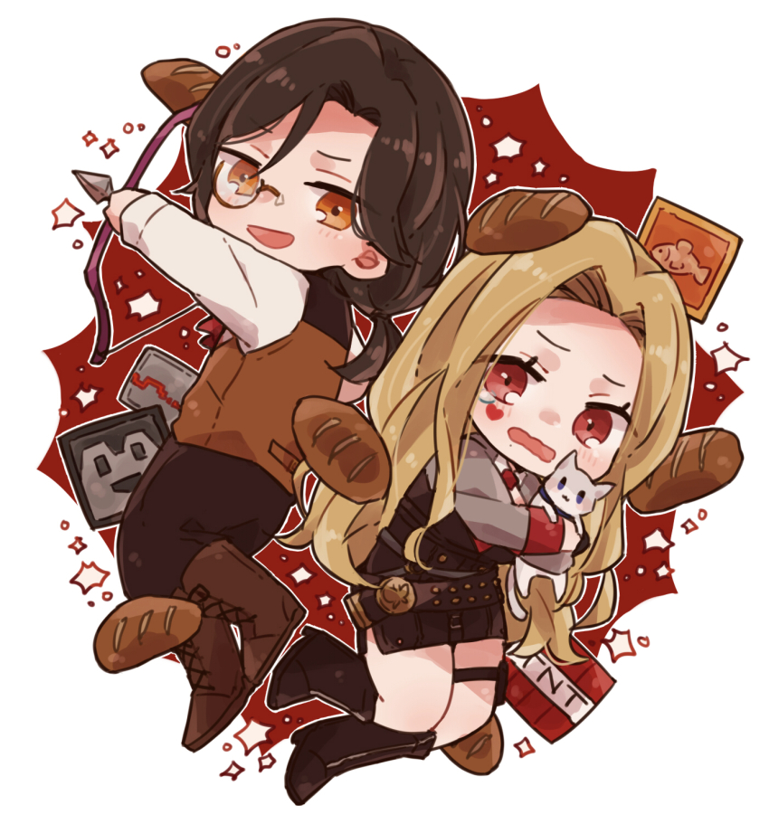 1boy 1girl animal belt black_footwear black_hair black_pants black_skirt blonde_hair bow_(weapon) bread brown_footwear cat curtained_hair explosive facial_tattoo food full_body grey_shirt heart heart_tattoo highres holding holding_animal loaf_of_bread long_hair low_ponytail luis_cammy luis_cammy_(2nd_costume) monocle necktie nijisanji orange_eyes pants ponytail pouch red_eyes red_necktie shellin_burgundy shellin_burgundy_(1st_costume) shirt skirt smile tattoo tearing_up thigh_pouch thigh_strap tnt tnt_block_(minecraft) virtual_youtuber weapon white_shirt yuki_(yu_kix8)