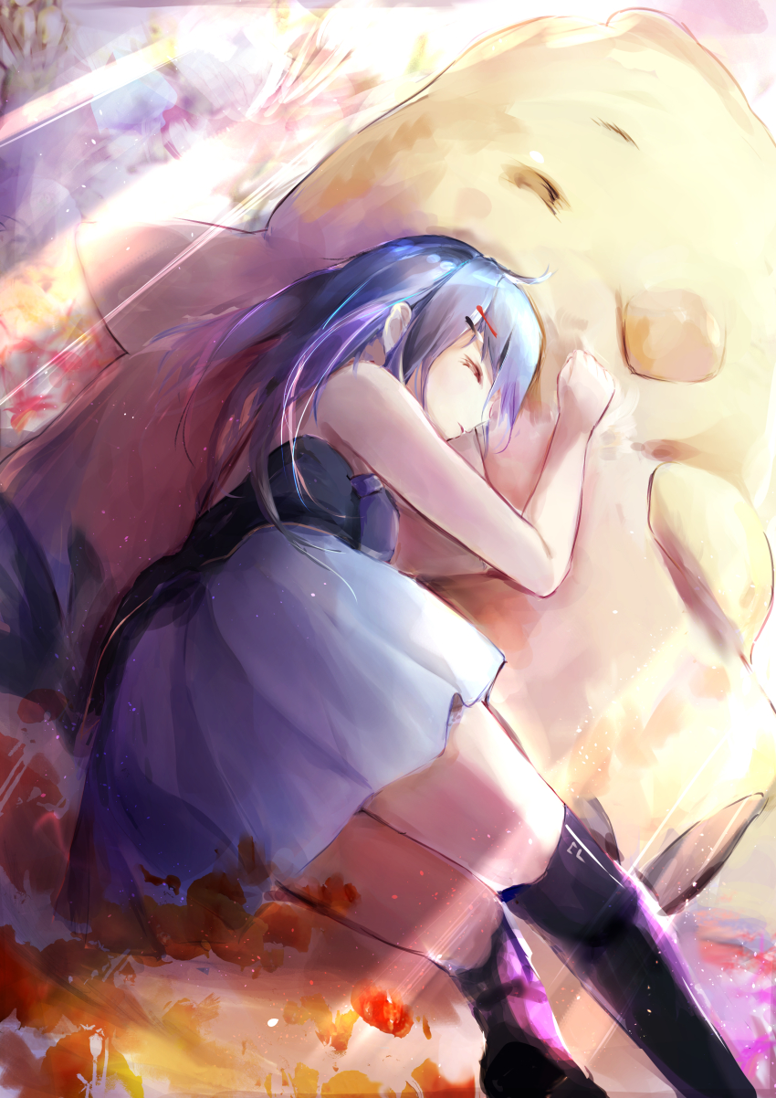 absurdres ahoge azur_lane black_legwear blue_hair dress hair_ornament hairpin hanagin highres lena_(azur_lane) manjuu_(azur_lane) short_dress skirt sleeping sleeveless thighhighs thighs aged_down