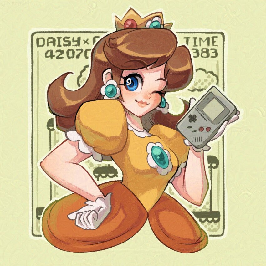 2024 blue_eyes blush breasts brooch brown_hair clenched_hands closed_mouth collarbone commentary cropped_torso crown dress earrings english_commentary flipped_hair flower_earrings gameboy gameplay_mechanics gem gloves green_gemstone holding jewelry juliet_sleeves light_smile long_sleeves lysum mario_(series) narrow_waist nintendo one_eye_closed pink_lips princess_daisy puffy_sleeves simple_background small_breasts super_mario_land thick_lips white_gloves wink yellow_dress