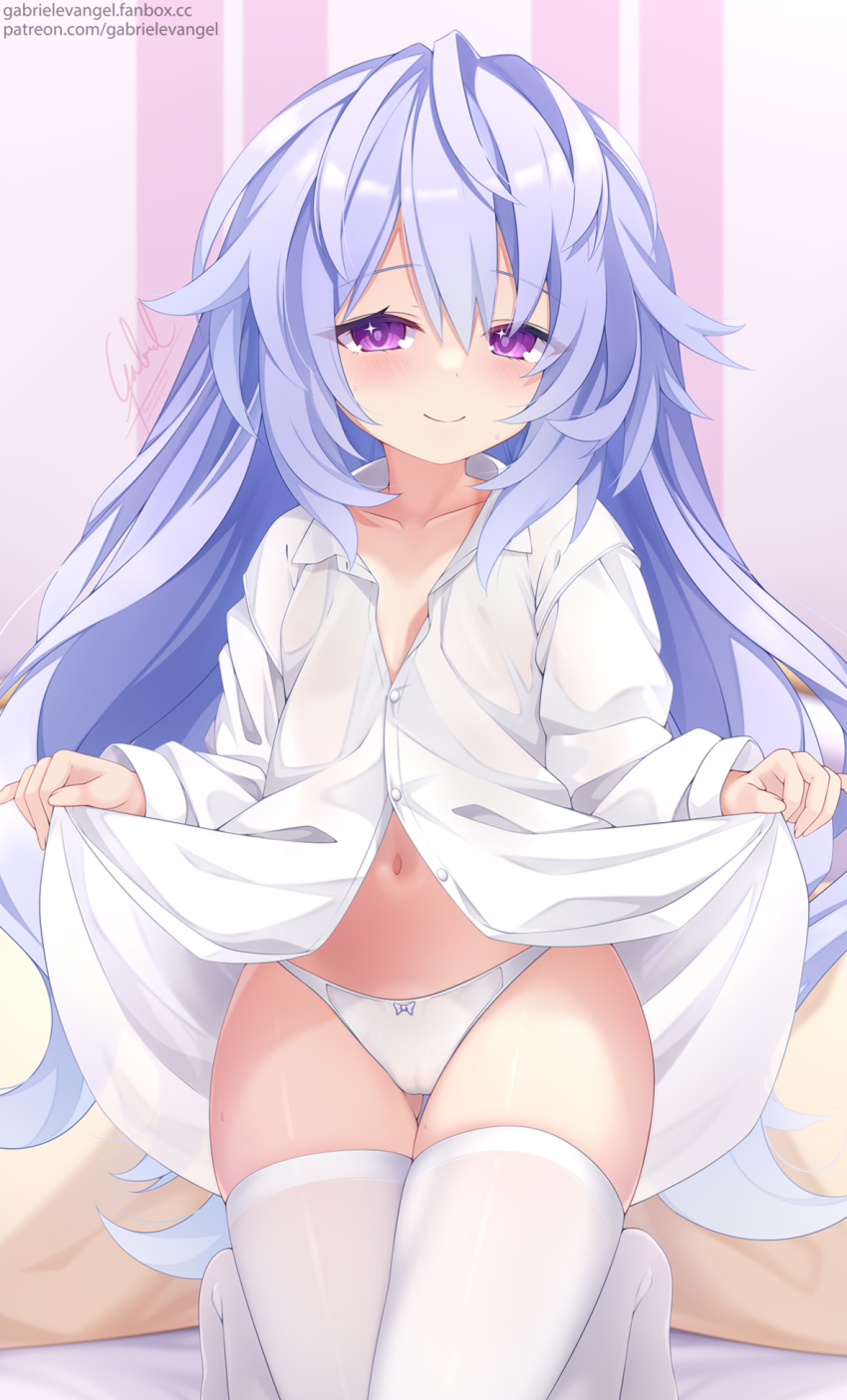 1girl alternate_costume alternate_eye_color blush bow bow_panties breasts clothes_lift collared_shirt commentary embarrassed english_commentary gabriel_evangel hair_between_eyes hair_down hands_up highres hip_focus indoors kami_jigen_game_neptune_v kneeling lifting_own_clothes long_hair messy_hair midriff navel neptune_(series) no_pants panties petite presenting purple_eyes purple_hair pururut shirt shirt_lift small_breasts smile solo thigh_gap thighhighs thighs underwear very_long_hair white_panties white_shirt