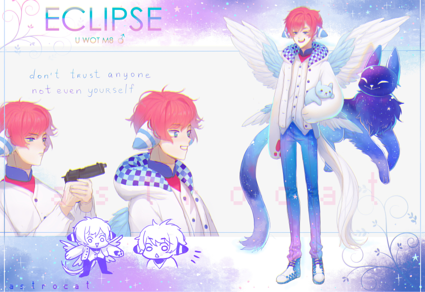 1boy absurdres angel_wings animal animal_ears artist_name astrocatsama asymmetrical_bangs black_collar blue_eyes blue_footwear blue_hood blue_pants buttons cat character_name reference_sheet chibi chibi_inset coat collar collared_shirt commentary cropped_torso denim english_commentary english_text feathered_wings full_body furrowed_brow gradient_pants grid_hood gun handgun highres holding holding_animal holding_cat holding_gun holding_weapon hood hood_down hooded_coat jeans light_blush light_frown long_sleeves male_focus mars_symbol multiple_views multiple_wings open_mouth original pants paw_sleeves red_hair red_shirt shirt shoes short_hair simple_background sleeves_past_fingers sleeves_past_wrists smoke sneakers space space_print starry_sky_print tail two-sided_hood two-tone_footwear upper_body vest watermark weapon white_background white_coat white_footwear white_sleeves white_vest white_wings wings