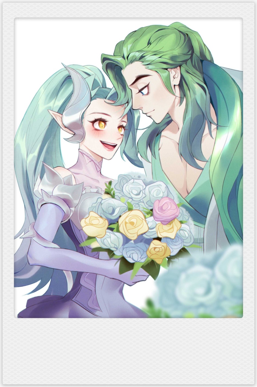 1boy 1girl :d absurdres blurry blurry_foreground blush bouquet collarbone covered_collarbone cowboy_shot crystal_rose_swain crystal_rose_zyra dress elbow_gloves flower gloves green_hair happy highres holding holding_bouquet league_of_legends long_hair looking_at_another official_alternate_costume open_mouth pectorals pink_flower pink_gloves pointy_ears ponytail simple_background smile swain_(league_of_legends) teeth tianshi_bianjie upper_teeth_only white_background white_flower yellow_eyes yellow_flower zyra