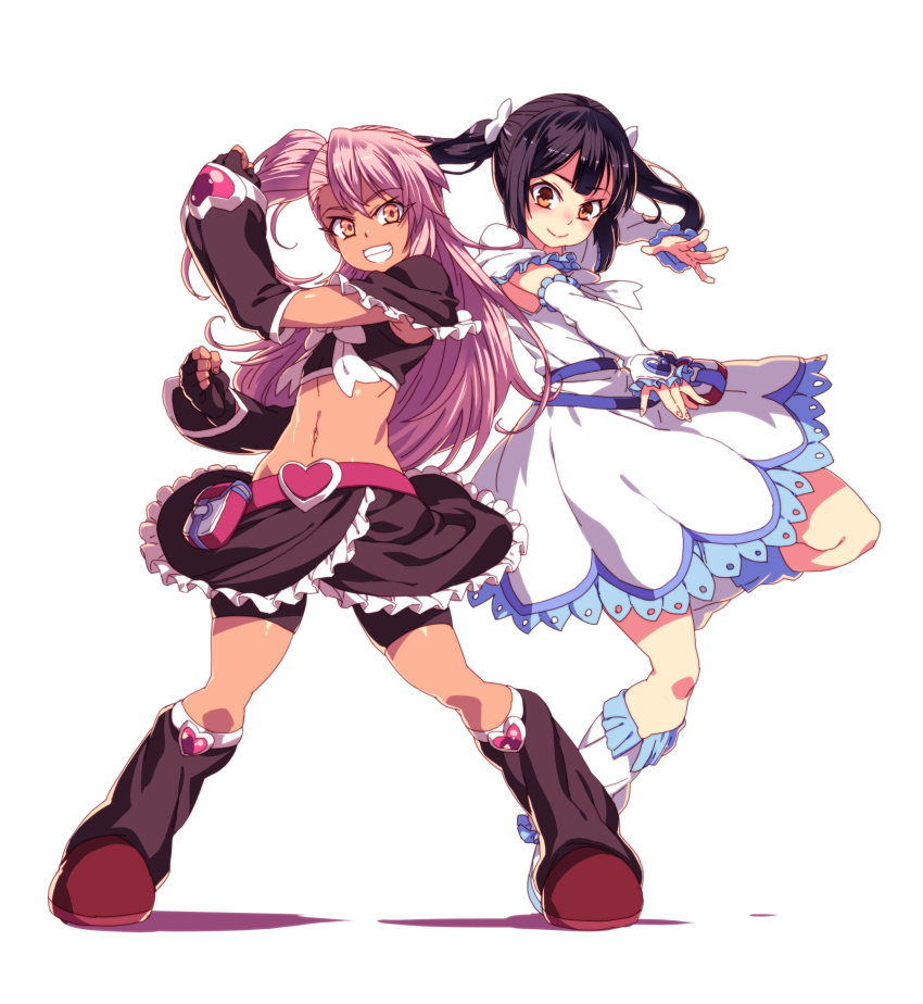 2girls arm_warmers belt black_gloves black_hair black_skirt chloe_von_einzbern clenched_hands detached_sleeves dress fate/kaleid_liner_prisma_illya fate_(series) fingerless_gloves flat_chest gloves grin hand_up highres leg_warmers legs_apart looking_at_viewer miyu_edelfelt multiple_girls navel one_side_up orange_eyes pink_hair pouch simple_background skirt smile standing tasaka_shinnosuke twintails white_background white_dress
