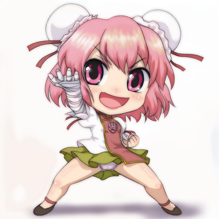 1girl bandaged_arm bandaged_hand bandages black_shoes blush bun_cover chibi crotch_seam double_bun fighting_stance flower green_skirt hair_bun hair_ribbon highres ibaraki_kasen looking_at_viewer open_mouth panties pink_eyes pink_hair pink_panties puffy_sleeves red_ribbon red_tabard ribbon shirt shoes short_hair short_sleeves skirt smile standing t_jiroo_(ringofriend) tabard touhou underwear white_background white_shirt wind wind_lift