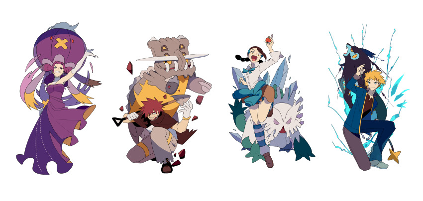 2boys 2girls abomasnow absurdres bastiodon brown_cape byron_(pokemon) candice_(pokemon) cape clothes_around_waist commentary_request dress drifblim fantina_(pokemon) gen_4_pokemon gloves gym_leader highres holding holding_poke_ball jacket long_hair luxray multiple_boys multiple_girls nintendo open_mouth pants poke_ball poke_ball_(basic) pokemon pokemon_(creature) pokemon_dppt purple_dress purple_hair quad_tails shovel smile socks striped_clothes striped_legwear striped_socks tongue volkner_(pokemon) zero_(jckz2334)