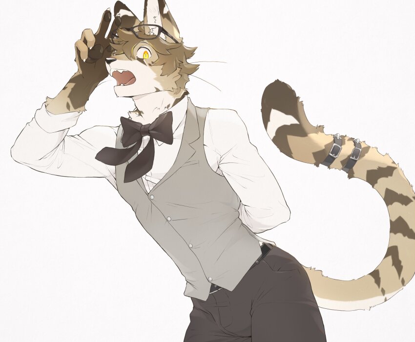 1boy absurdres animal_hands arm_behind_back arm_up brown_hair bulge cat_boy claws cowboy_shot eyewear_on_head furry furry_male grey_vest highres looking_at_viewer luxury_gin male_focus open_mouth original shirt short_hair simple_background slit_pupils solo tail tail_strap vest white_background white_shirt yellow_eyes