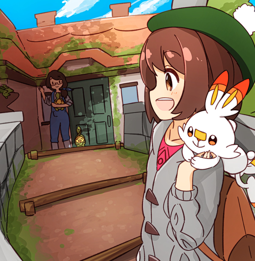 2girls bag blurry blush brown_eyes brown_hair budew cardigan cloud commentary_request depth_of_field door galar_mother gen_4_pokemon gen_8_pokemon glasses gloria_(pokemon) green_hat grey_cardigan hat highres holding holding_pokemon house looking_at_another manse mother_(pokemon) mother_and_daughter multiple_girls nintendo on_shoulder open_mouth overalls pokemon pokemon_(creature) pokemon_on_shoulder pokemon_swsh rabbit rabbit_on_shoulder scorbunny sky smile standing tam_o&#039;_shanter waving window