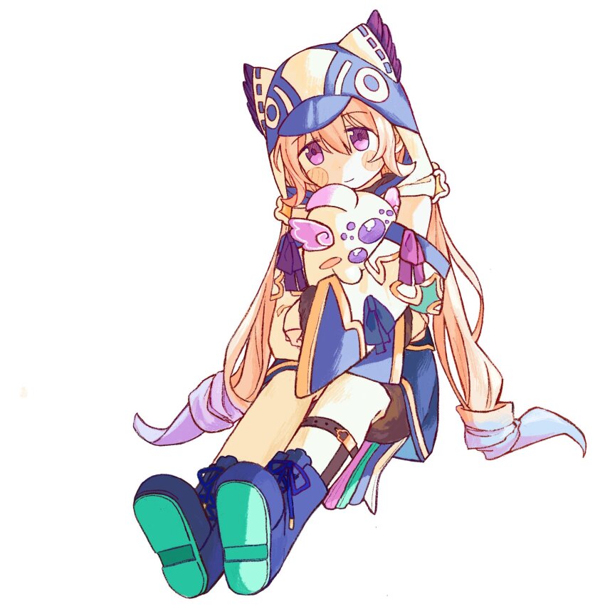 1girl bird_hood bird_tail blonde_hair blush_stickers bridal_gauntlets detached_sleeves dot_nose enna_alouette enna_alouette_(1st_costume) flower full_body hair_between_eyes hair_flower hair_ornament highres hood hood_up hug long_hair low_twintails nijisanji nijisanji_en purple_eyes simple_background sitting smile tail twintails very_long_hair virtual_youtuber white_background zenrarca017