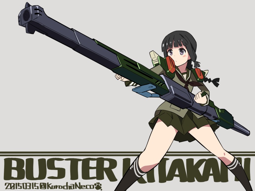 10s 1girl bad_id bad_pixiv_id black_hair blunt_bangs blush braid buster_gundam buster_rifle gun gundam gundam_seed highres hime_cut kantai_collection kitakami_(kancolle) kuro_chairo_no_neko long_hair pleated_skirt purple_eyes rifle school_uniform serafuku sidelocks skirt twitter_username weapon