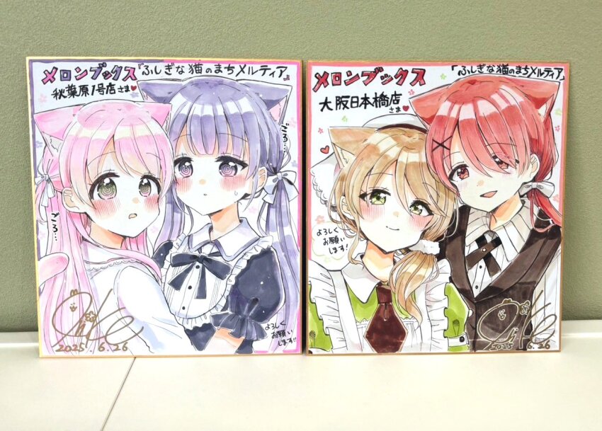 4girls :d @_@ animal_ear_fluff animal_ears apron black_dress black_vest blush brown_hair cat_ears cat_girl cat_tail closed_mouth collared_dress collared_shirt commentary_request dated dress dress_shirt frilled_apron frills fushigi_na_neko_no_machi_meltier green_dress green_eyes hair_ornament hair_over_one_eye hair_over_shoulder headscarf long_hair low_ponytail maid_apron makia_(fushigi_na_neko_no_machi_meltier) moco_(fushigi_na_neko_no_machi_meltier) multiple_girls nagi_(fushigi_na_neko_no_machi_meltier) open_mouth parted_lips photo_(medium) pink_hair pinstripe_pattern pinstripe_shirt ponytail puffy_short_sleeves puffy_sleeves purple_eyes purple_hair red_eyes red_hair rucora_(fushigi_na_neko_no_machi_meltier) sakura_oriko shirt short_sleeves signature smile tail traditional_media translation_request twintails vest white_apron white_shirt x_hair_ornament
