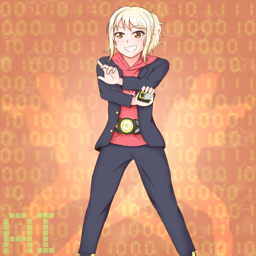 1girl artist_name artist_request blonde_hair cosplay female_focus hiden_aruto highres kamen_rider kamen_rider_01_(series) long_hair love_live! love_live!_nijigasaki_high_school_idol_club miyashita_ai progrise_key rider_belt