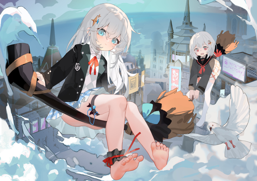 2girls absurdres ankle_garter bare_legs barefoot bird black_jacket black_sailor_collar black_shirt blazer blue_eyes blue_skirt broom broom_riding chinese_commentary closed_mouth commentary_request full_body grey_hair hair_between_eyes hair_ornament highres jacket kele_mimi long_hair long_sleeves looking_at_viewer miniskirt multiple_girls neck_ribbon neckerchief open_mouth original outdoors panties pantyshot plaid_clothes plaid_skirt pleated_skirt red_eyes red_neckerchief red_ribbon red_skirt ribbon sailor_collar shirt short_hair skirt soles star_(symbol) star_hair_ornament thigh_strap toes underwear white_panties white_shirt