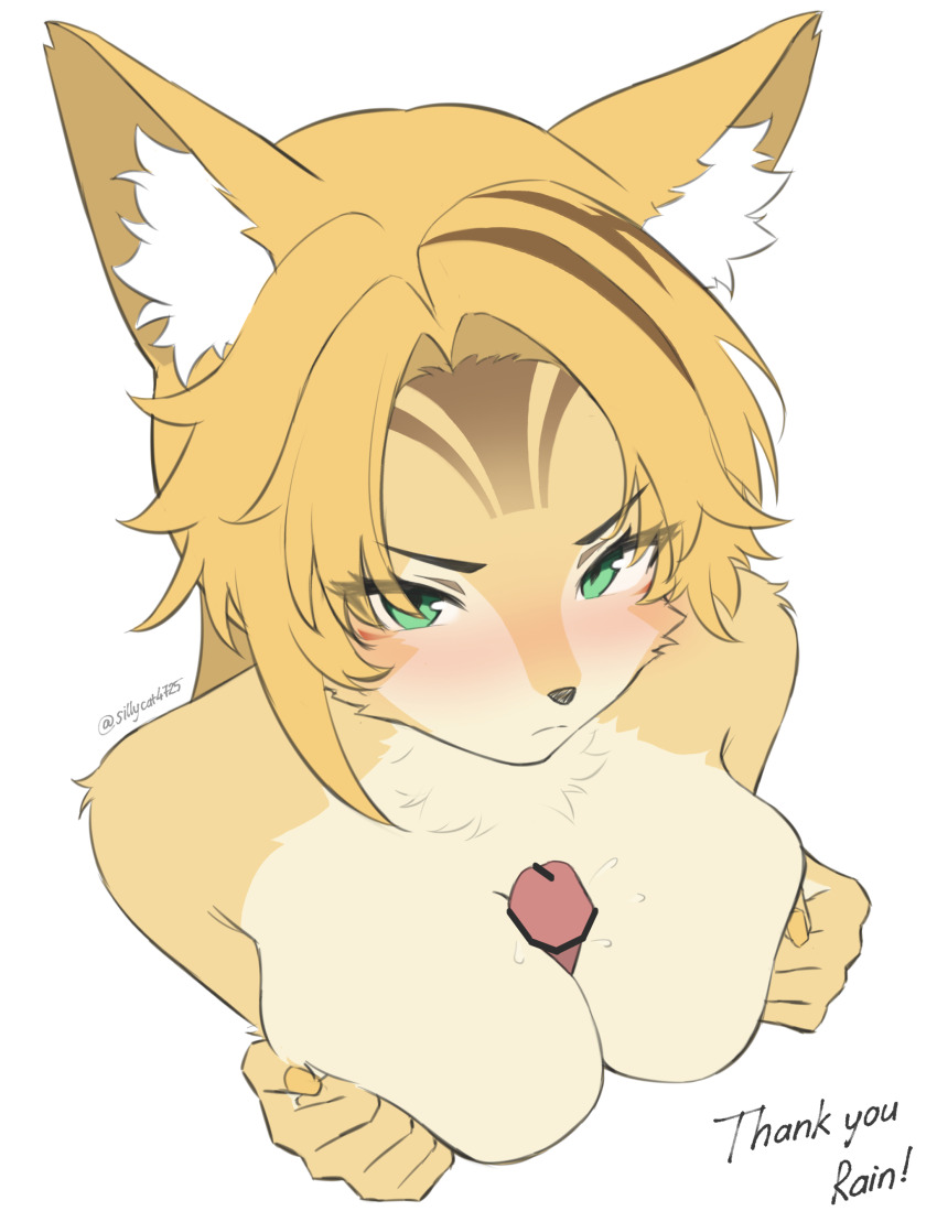 1girl absurdres animal_ear_fluff animal_ears animal_nose bar_censor blonde_hair body_fur breasts cat_ears cat_girl censored commentary english_commentary furry furry_female green_eyes highres large_breasts looking_at_viewer nude paizuri penis pulchra_fellini sillycat4725 snout solo_focus thank_you twitter_username upper_body zenless_zone_zero