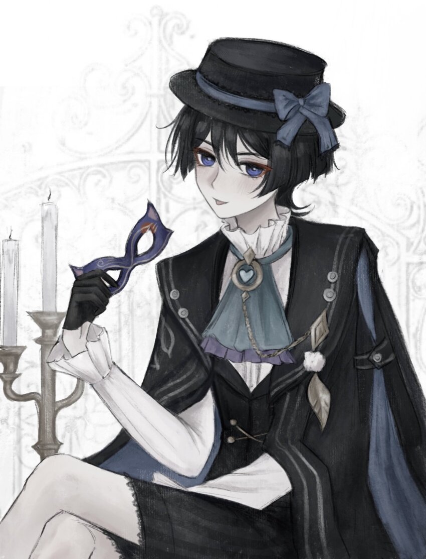 1boy aiguillette alternate_costume aqua_ascot ascot black_coat black_gloves black_hair black_hat black_shorts blue_bow blunt_ends boater_hat bow candle candlestand coat coat_on_shoulders collared_shirt crossed_legs domino_mask double-parted_bangs eye_mask eyelashes eyeliner eyeshadow feathers formal_clothes frilled_ascot frilled_bow frilled_shirt_collar frilled_sleeves frills genshin_impact gloves gold hair_between_eyes half_gloves hand_up hat hat_bow heart highres holding holding_mask lace-trimmed_shorts lace_trim layered_ascot light_blush long_sleeves looking_at_viewer makeup male_focus mask pom_pom_(clothes) purple_ascot purple_eyes purple_mask red_eyeliner red_eyeshadow scaramouche_(genshin_impact) shirt shorts sitting solo tongue tongue_out tsurime undershirt wanderer_(genshin_fes_2026)_(genshin_impact) wanderer_(genshin_impact) white_background white_shirt white_sleeves yellow_feathers yoruli_e