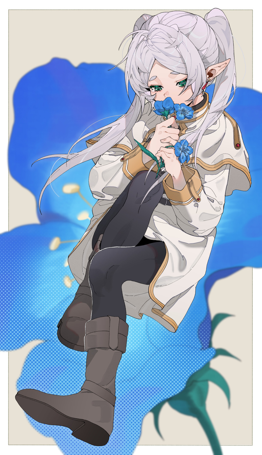 1girl absurdres belt black_belt black_pantyhose blue_flower blurry blurry_background boots border brown_boots capelet closed_mouth collared_capelet commentary_request earrings elf flower frieren full_body gold_trim green_eyes hands_up highres holding holding_flower jacket jewelry long_hair long_sleeves outside_border pantyhose parted_bangs pointy_ears shimiya_jin sitting skirt solo sousou_no_frieren tearing_up twintails white_border white_capelet white_hair white_jacket white_skirt