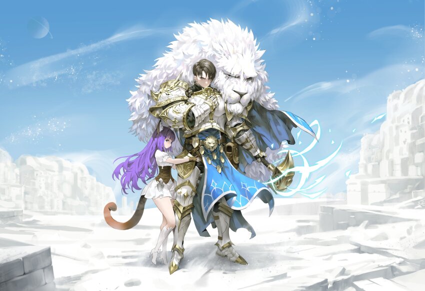 1boy 1girl absurdres animal_ears armor armored_boots arowana2111 bandaged_hand bandages boots brown_hair brown_tail cat_ears cat_girl cat_tail commentary couter day dress english_commentary full_armor full_body gauntlets hair_between_eyes hand_up height_difference high_heels highres long_hair looking_at_viewer original outstretched_arm over-kneehighs pauldrons purple_hair rerebrace serious shoes short_dress shoulder_armor tail thighhighs underbust vambraces white_shoes winter