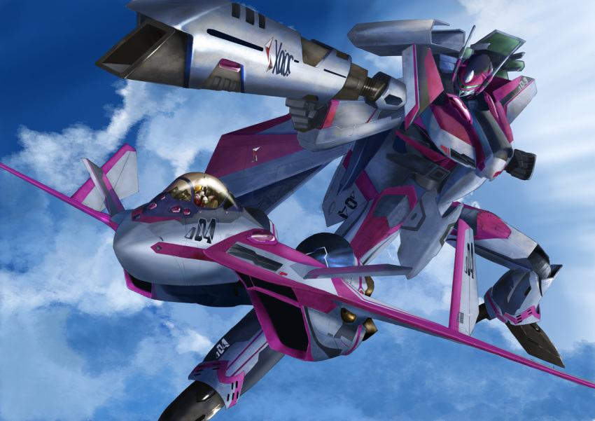 1girl aiming canards canopy cloud cockpit commentary derivative_work energy_cannon flying helmet i.t.o_daynamics macross macross_delta mecha mirage_farina_jenius pilot pilot_suit robot science_fiction variable_fighter vehicle_focus vf-31 vf-31c zentlardy_alphabet