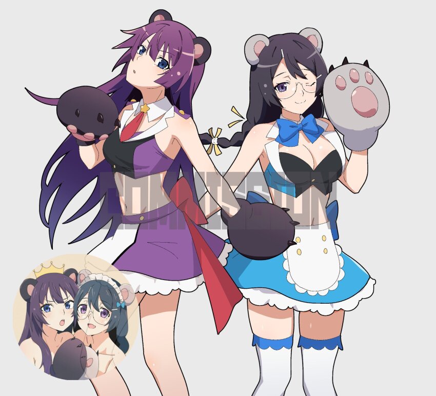 2girls :o alternate_costume animal_ears animal_hands apron arm_up bear_ears black_bra black_hair blue_bow blue_bowtie blue_eyes blue_skirt blue_trim bow bowtie bra braided_twintails check_clothing closed_mouth clothing_request collar commentary commentary_request cosplay cowboy_shot crossover crown double-parted_bangs english_commentary fake_animal_ears fang fooring frilled_skirt frilled_thighhighs frills glasses gloves hair_between_eyes hand_to_hand hanekawa_tsubasa highres inset long_hair long_sidelocks looking_at_viewer maid_apron maid_headdress mixed-language_commentary monogatari_(series) multicolored_skirt multiple_girls necktie one_eye_closed open_mouth parted_lips partial_commentary paw_gloves paw_pose purple_bra purple_eyes purple_hair purple_skirt red_necktie round_eyewear semi-transparent senjougahara_hitagi short_necktie sidelocks simple_background skin_fang skirt smile split_mouth star_ornament teeth thighhighs underwear upper_teeth_only v-shaped_eyebrows watermark white_background white_collar white_skirt white_thighhighs yuri_kuma_arashi zettai_ryouiki