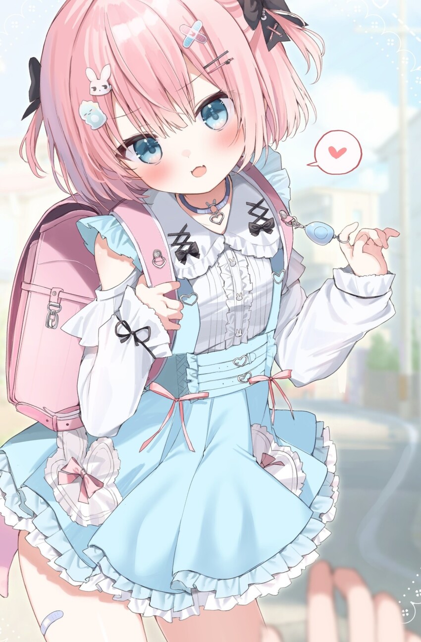 1girl 1other absurdres backpack bag bandaid_on_thigh black_bow blue_eyes blue_skirt blurry blurry_background bow center_frills character_request choker clothing_cutout collared_shirt commentary_request commission copyright_request crime_prevention_buzzer crime_prevention_buzzer_threat dress_shirt frilled_skirt frilled_sleeves frills hair_bow hair_ornament hairclip heart heart_choker highres holding_strap long_sleeves looking_at_viewer medium_hair o-ring o-ring_choker open_mouth pink_bag pink_hair purple_choker rabbit_hair_ornament randoseru shirt shoulder_cutout skeb_commission skirt smile solo_focus speech_bubble spoken_heart suspender_skirt suspenders takepoison two_side_up white_shirt