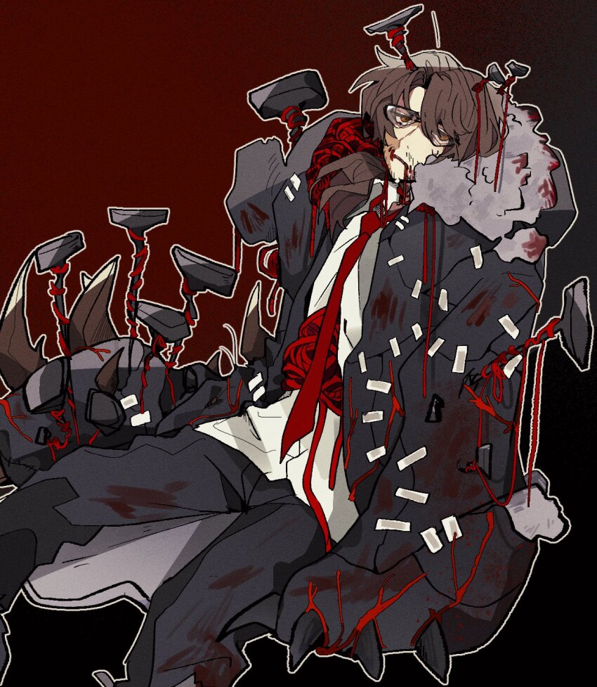 1boy bear_claws blood blood_on_clothes brown_eyes brown_hair claws collared_shirt e.g.o_(project_moon) facial_hair full_body glasses gmno_6 gregor_(project_moon) grey_pants hex_nail_(e.g.o) highres limbus_company long_hair low_ponytail male_focus nail_(hardware) nail_hair_ornament necktie pants paw_sleeves ponytail project_moon red_background red_necktie red_yarn shirt simple_background sitting solo stitches stuffing white_shirt