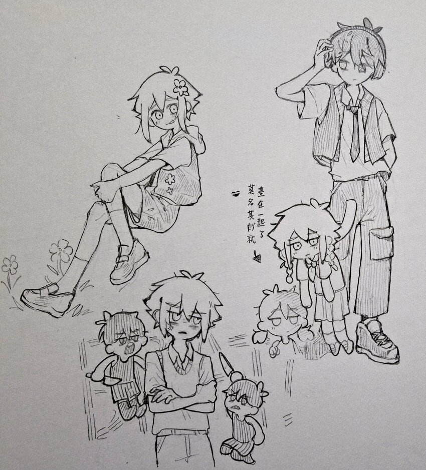 2girls 3boys absurdres alternate_costume antenna_hair arrow_(symbol) basil_(faraway)_(omori) basil_(omori) braid chibi collared_shirt flower genderswap genderswap_(mtf) greyscale hair_flower hair_ornament headphones highres hood hood_down hooded_jacket jacket low_twin_braids medium_hair monochrome multiple_boys multiple_girls necktie omori_(omori) pants shirt shoes short_sleeves shorts sneakers socks sunny_(omori) thatbirdcanfly translation_request twin_braids