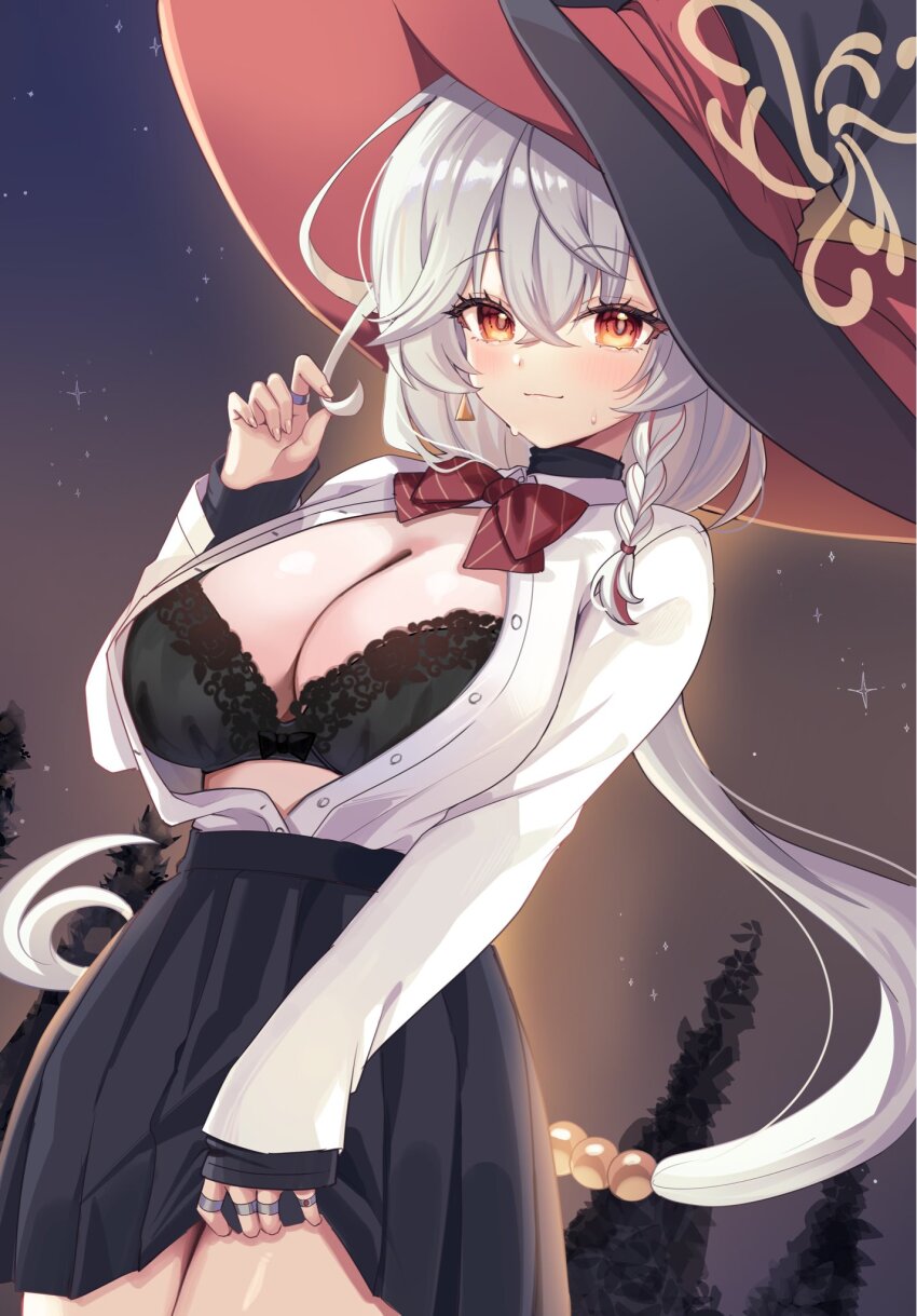 1girl black_bra black_hat black_skirt blue_archive blush bow bowtie bra braid breasts cleavage closed_mouth collared_shirt commentary_request diagonal-striped_bow diagonal-striped_bowtie diagonal-striped_clothes dress_shirt eri_(blue_archive) grey_hair halo hat highres katsushika_pachi large_breasts long_hair long_sleeves looking_at_viewer miniskirt open_clothes open_shirt orange_eyes pleated_skirt red_bow red_bowtie shirt side_braid skirt sky smile solo star_(sky) starry_sky striped_bow striped_bowtie striped_clothes sweat underwear very_long_hair white_shirt witch_hat yellow_halo