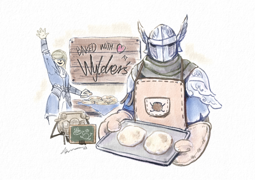 1boy 1girl apron armor ascot baking baking_sheet black_cloak blindfold blonde_hair blue_jacket chalkboard cloak cropped_legs cropped_torso drawing_(object) duchess_(elden_ring) elden_ring elden_ring_nightreign english_text facing_viewer food gloves heart helmet highres holding holding_food jacket living_jar_(elden_ring) open_mouth oven_mitts pants pauldrons short_hair shoulder_armor sign signature smile table tablecloth waving waving_arm white_ascot white_background white_gloves white_pants winged_helmet wylder_(elden_ring) xanadium1