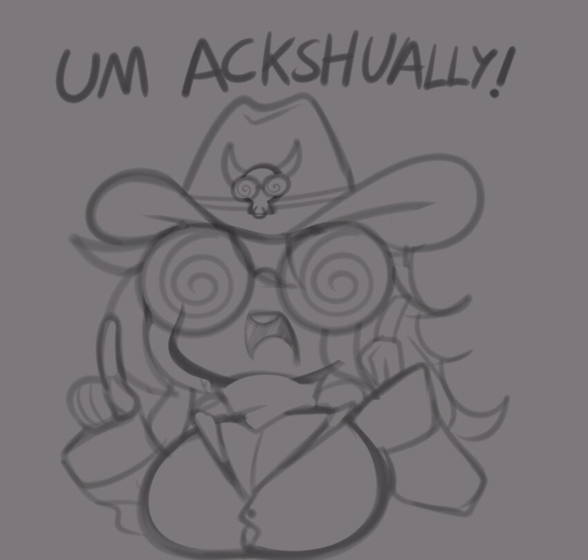 1girl bandana breasts cleavage coke-bottle_glasses commentary cowboy_hat cowgirl_(western) english_commentary english_text glasses hat highres huge_breasts joeydrawss long_hair lulu_lasso monochrome nexas_(vtuber) open_mouth shirt sketch solo teeth tongue upper_teeth_only virtual_youtuber