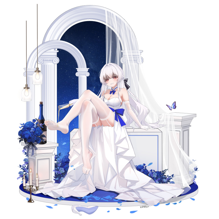 1girl allan_poe_(honkai_impact) blush breasts bug butterfly champagne_flute cleavage crossed_legs cup dress drinking_glass feet garter_straps highres honkai_(series) honkai_impact_3rd insect long_hair looking_at_viewer panties pantyshot parted_lips red_eyes see-through_clothes see-through_legwear shaded_face shoes single_shoe soles thighhighs toes underwear unworn_shoes white_hair white_thighhighs xnnagu