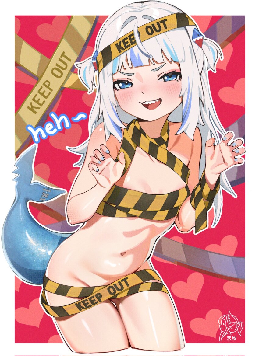 1girl blue_eyes blue_hair blue_nails breasts caution_tape claw_pose fins fish_tail gawr_gura hair_ornament highres hololive hololive_english looking_at_viewer medium_hair multicolored_hair nail_polish navel shark_girl shark_hair_ornament shark_tail small_breasts smile solo streaked_hair tail teeth tenchi_mayo two_side_up upper_teeth_only virtual_youtuber white_hair