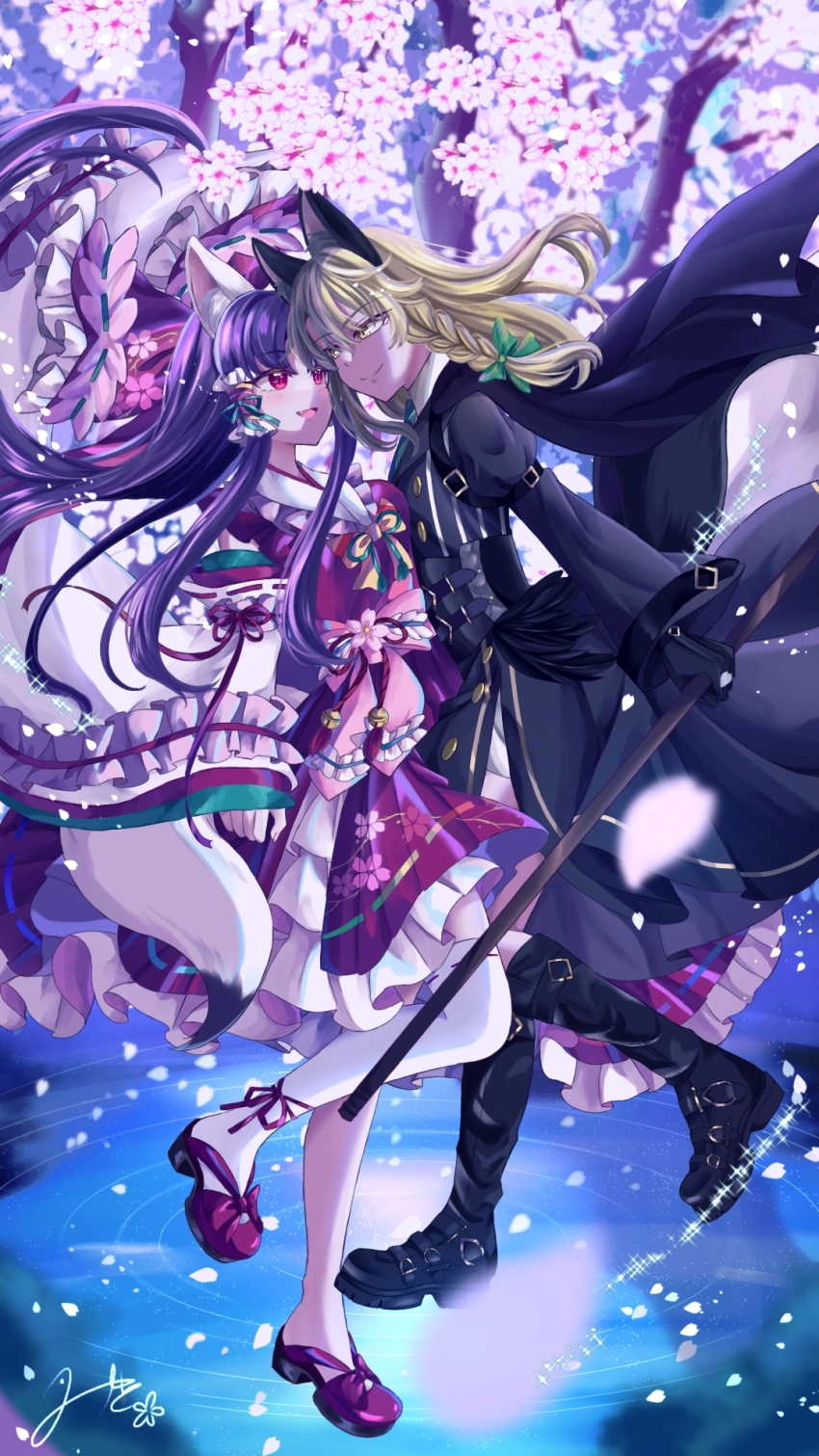 2girls alternate_costume animal_ear_fluff animal_ears bell black_boots black_cape black_dress black_gloves blonde_hair boots bow bowtie breasts brown_hair cape cherry_blossoms closed_mouth commentary_request detached_sleeves dress embellished_costume eye_contact fang flower fox_ears fox_girl fox_tail frilled_bow frilled_hair_tubes frills gloves green_bow hair_bow hair_tubes hakurei_reimu highres holding jingle_bell kemonomimi_mode kirisame_marisa knee_boots long_hair long_sleeves looking_at_another mito_(fate) multiple_girls open_mouth petal_print pink_flower print_bow red_bow red_eyes red_shoes red_skirt ribbon-trimmed_sleeves ribbon-trimmed_thighhighs ribbon_trim shoes signature single_thighhigh skirt skirt_set smile tail thighhighs touhou yellow_bow yellow_bowtie yuri