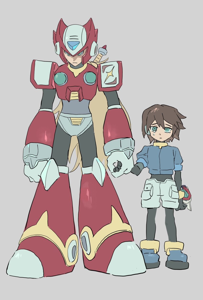 1boy 1girl aile_(mega_man_zx) android armor biometal black_bodysuit blonde_hair blue_eyes blue_jacket bodysuit brown_hair chest_jewel cropped_jacket forehead_jewel full_body green_eyes grey_background helmet highres holding_hands in-franchise_crossover jacket long_hair mega_man_(series) mega_man_x_(series) mega_man_zx model_z_(mega_man) ny7y2z6fa92dcoy red_armor red_helmet robot_ears short_hair shorts simple_background standing tears white_shorts