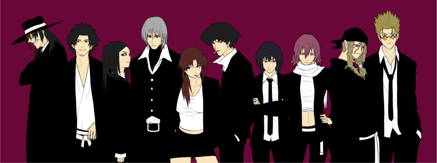 alucard_(hellsing) black_hair black_lagoon blonde_hair breasts cleavage closed_mouth commentary cowboy_bebop crossover dante_(devil_may_cry) devil_may_cry_(anime) devil_may_cry_(series) english_commentary ergo_proxy eyeshadow flcl formal_clothes ghost_in_the_shell glasses gloves haruhara_haruko hat hellsing highres kusanagi_motoko kusuriuri_(mononoke) long_hair looking_at_viewer makeup mononoke mugen_(samurai_champloo) multiple_boys multiple_girls necktie pink_hair re-l_mayer revy_(black_lagoon) samurai_champloo scarf short_hair simple_background spike_spiegel suit trigun vampire vash_the_stampede white_hair yellow_eyes