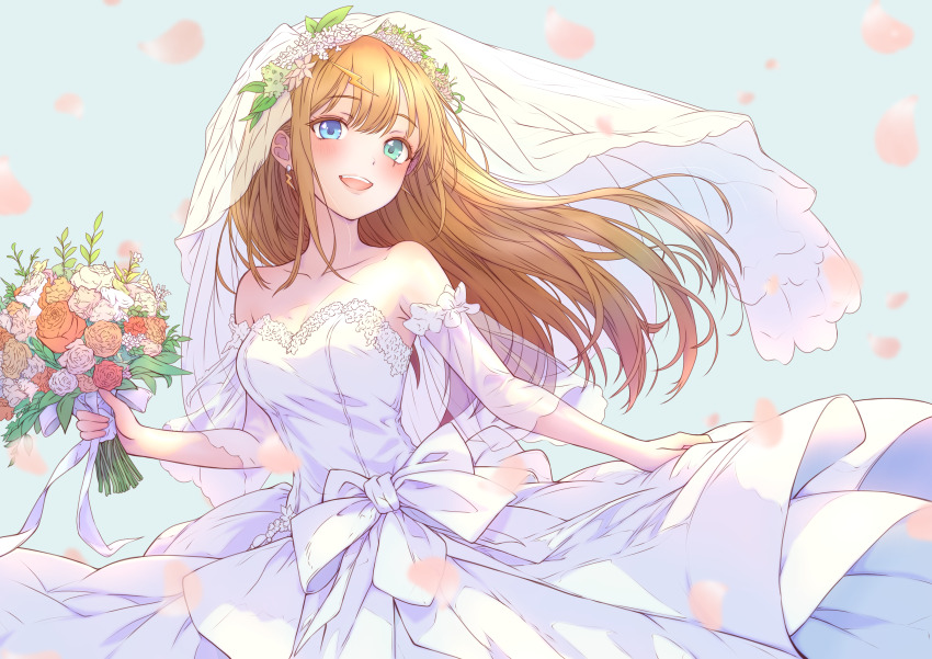 1girl absurdres aqua_eyes armpit_crease blue_eyes blurry blurry_foreground blush bouquet bow breasts bridal_veil bride collarbone commentary_request cowboy_shot depth_of_field detached_sleeves double-parted_bangs dress dress_bow earrings falling_petals floating_hair flower green_flower hair_ornament happy head_wreath heterochromia highres holding holding_bouquet indie_virtual_youtuber jewelry large_breasts layered_dress lightning_bolt lightning_bolt_earrings lightning_bolt_hair_ornament lightning_bolt_symbol long_hair looking_at_viewer mikan_mizu open_mouth orange_flower orange_hair petals pink_flower red_flower smile solo standing strapless strapless_dress teeth upper_teeth_only veil virtual_youtuber wedding wedding_dress white_bow white_dress yoshino_shizuru