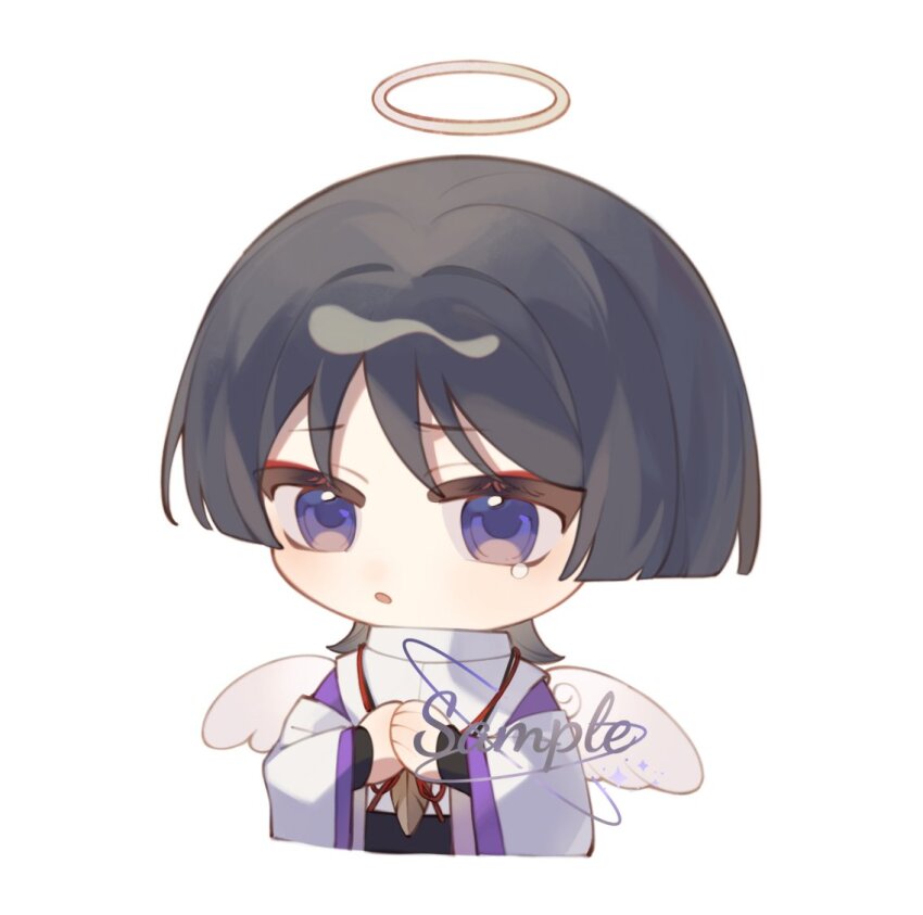 1boy angel_wings armor black_hair blunt_ends chibi clothing_cutout cropped_torso eyeliner eyeshadow feathers genshin_impact halo japanese_armor japanese_clothes kariginu kote kurokote layered_sleeves looking_past_viewer makeup male_focus maomaoyu open_mouth own_hands_together purple_eyes purple_sleeves red_eyeliner red_eyeshadow sample_watermark scaramouche_(genshin_impact) scaramouche_(kabukimono)_(genshin_impact) shoulder_cutout solo string watermark white_background white_sleeves white_wings wide_sleeves wings yellow_feathers yellow_halo
