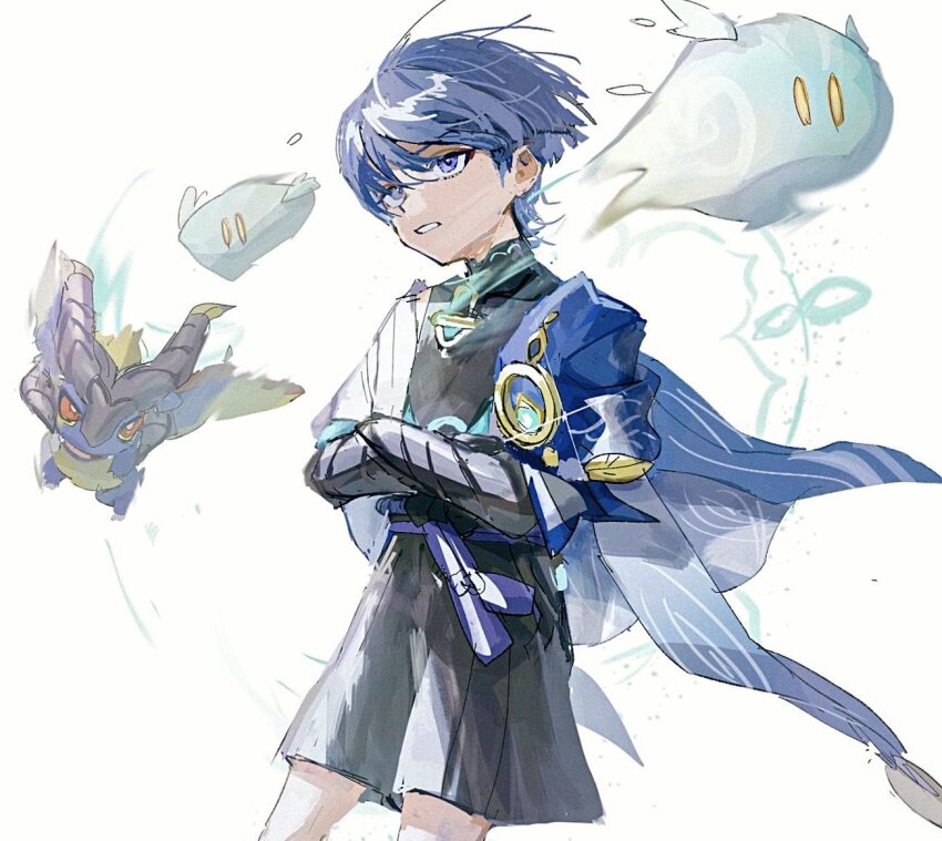 1boy anemo_slime_(genshin_impact) armor belt black_bow black_shorts blue_cape blunt_ends bow cape claws collarbone crossed_arms dragon dragon_horns dragon_wings feathers flying genshin_impact gold grey_eyes horns japanese_armor japanese_clothes kimono kote kurokote male_focus mandarin_collar mini_durin_(dragon)_(genshin_impact) mini_durin_(genshin_impact) open_clothes open_kimono parted_lips pom_pom_(clothes) purple_belt purple_hair purple_rope red_eyes rope scaramouche_(genshin_impact) shorts slime_(genshin_impact) small_dragon spoilers tassel thighhighs tokodenashi vision_(genshin_impact) wanderer_(genshin_impact) white_background white_kimono wind wings