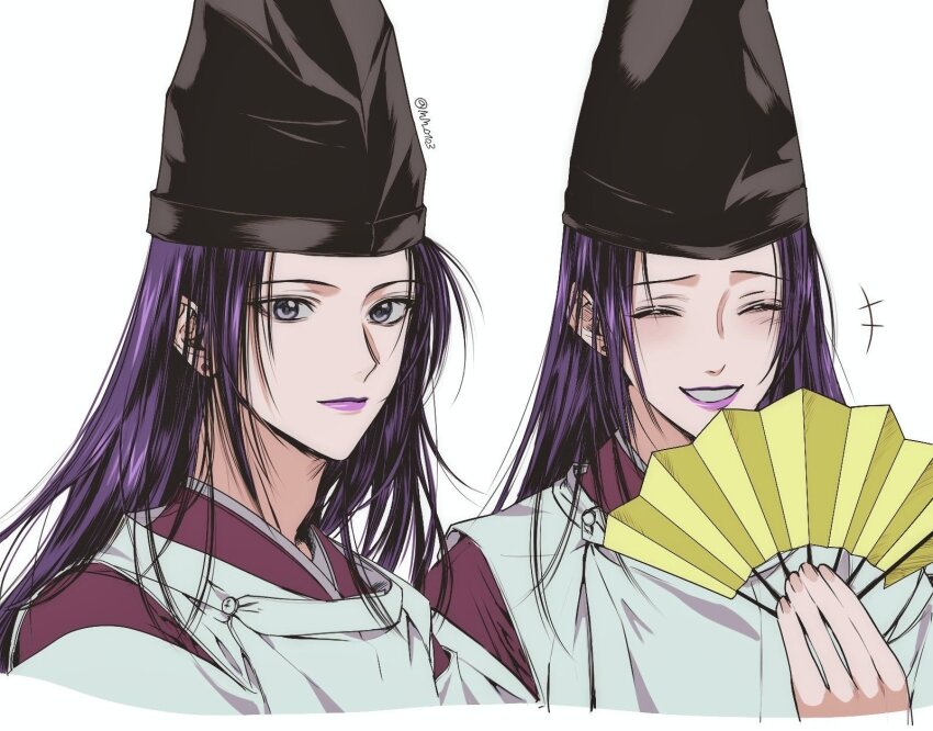 1boy bishounen black_hat closed_eyes folding_fan fujiwara_no_sai hand_fan hat highres hikaru_no_go holding holding_fan japanese_clothes kariginu long_hair looking_at_viewer m_m_pb male_focus purple_eyes purple_hair purple_lips simple_background solo tate_eboshi twitter_username white_background