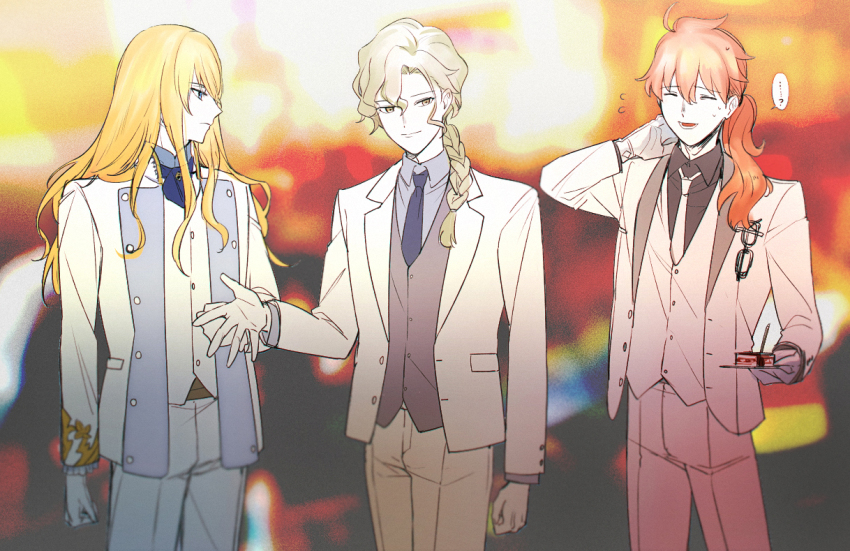 ...? 3boys ahoge aki_(neyuki41028) alternate_costume arm_at_side ascot black_shirt blonde_hair blue_ascot blue_brooch blue_eyes blue_necktie blue_shirt blurry braid braided_ponytail brooch cake cake_slice clenched_hand closed_eyes closed_mouth cowboy_shot depth_of_field eyewear_hang facing_viewer fate/grand_order fate_(series) flying_sweatdrops food fork formal_clothes glasses gloves gold_trim grey_eyes grey_vest hair_between_eyes hair_over_shoulder hand_on_own_neck hand_up holding holding_plate jacket jewelry kirschtaria_wodime long_hair long_sleeves looking_at_another lower_teeth_only male_focus marisbury_animusphere multiple_boys necktie nervous_smile nervous_sweating open_mouth orange_hair outstretched_hand pants parted_bangs plate ponytail romani_archaman shirt side-by-side smile speech_bubble suit sweat teeth unworn_eyewear vest white_gloves white_hair white_jacket white_necktie white_pants white_suit white_vest