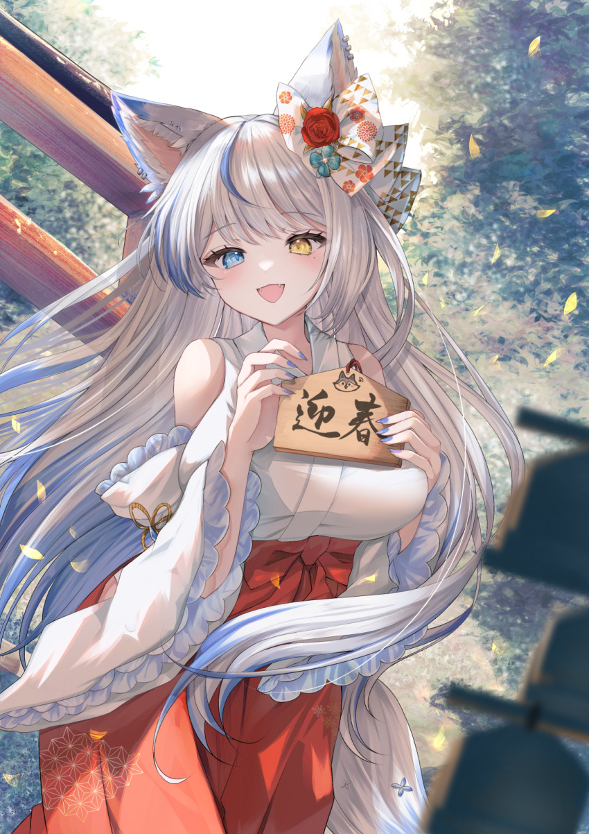1girl animal_ear_fluff animal_ear_piercing animal_ears bare_shoulders blue_eyes blue_hair blue_nails bow breasts commentary_request commission falling_leaves fangs flower grey_hair hair_bow hakama heterochromia highres holding holding_sign indie_virtual_youtuber japanese_clothes kurage_cc large_breasts leaf looking_at_viewer lulebel miko mole mole_under_eye multicolored_hair nail_polish nontraditional_miko open_mouth red_flower red_hakama red_rose rose sign skeb_commission smile solo standing streaked_hair torii translated tree virtual_youtuber wide_sleeves yellow_eyes