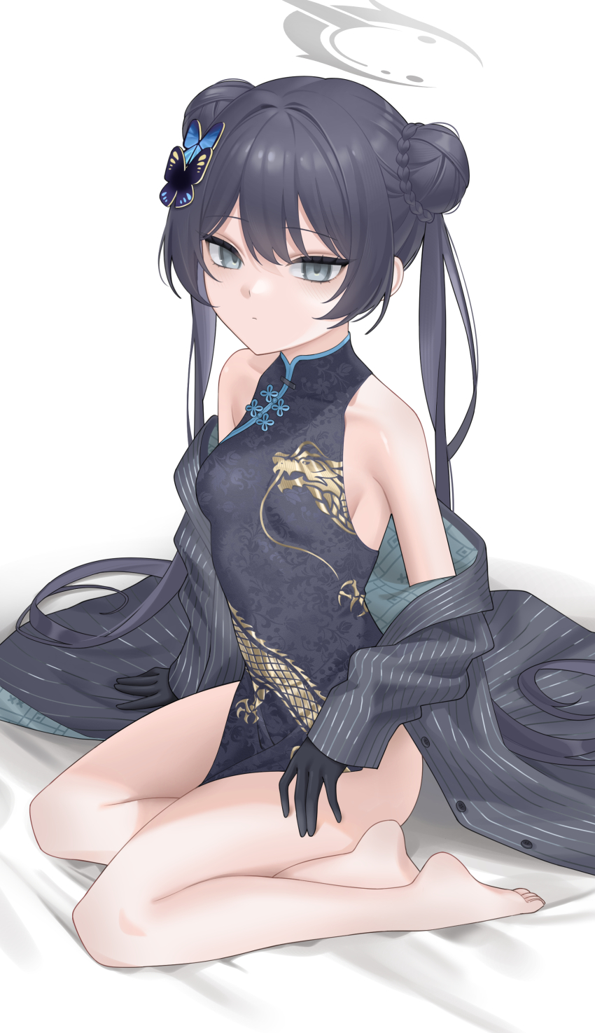 1girl absurdres black_gloves black_hair blue_archive breasts butterfly_hair_ornament china_dress chinese_clothes double_bun dress gfpebs gloves grey_eyes grey_halo hair_bun hair_ornament halo highres kisaki_(blue_archive) legs loli long_hair looking_at_viewer simple_background sitting small_breasts solo thighs twintails wariza white_background
