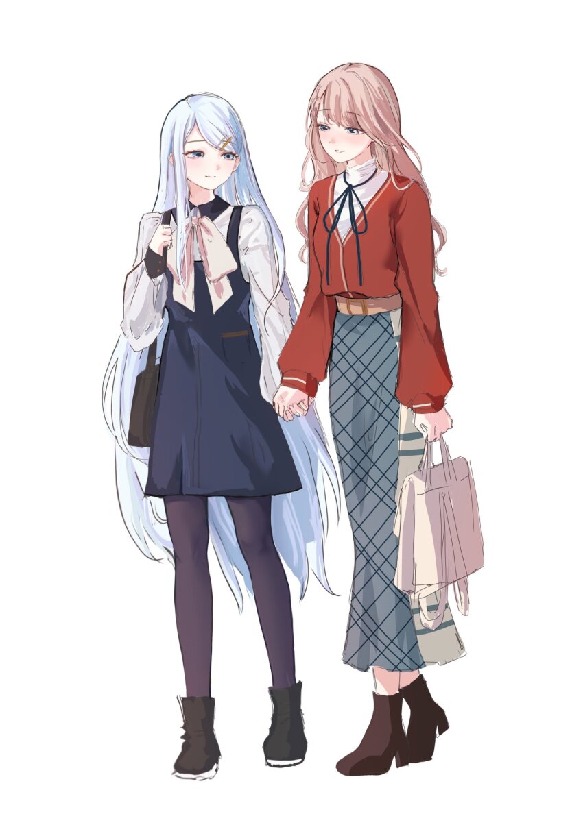 2girls ankle_boots bag belt black_dress black_pantyhose blue_eyes blue_hair blush boots bow bowtie brown_belt brown_hair cardigan closed_mouth dress full_body grey_eyes hair_ornament hairclip hanasato_minori handbag highres hinomori_shizuku holding holding_bag holding_hands long_hair long_skirt long_sleeves looking_at_another multiple_girls neck_ribbon pantyhose pink_hair plaid_clothes plaid_skirt project_sekai puffy_long_sleeves puffy_sleeves red_cardigan ribbon shirt sidelocks simple_background skirt smile standing sweater very_long_hair white_background white_bow white_bowtie white_hair white_shirt yuri zeoksang