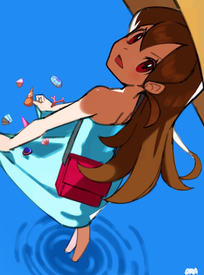 1girl artist_name bag bare_arms brown_eyes brown_hair commentary_request dress eyelashes green_dress hat highres long_hair looking_at_viewer nintendo open_mouth ora_(oraora_oekaki) pokemon pokemon_sm red_bag ripples shoulder_bag sightseer_(pokemon) solo standing sun_hat wading water