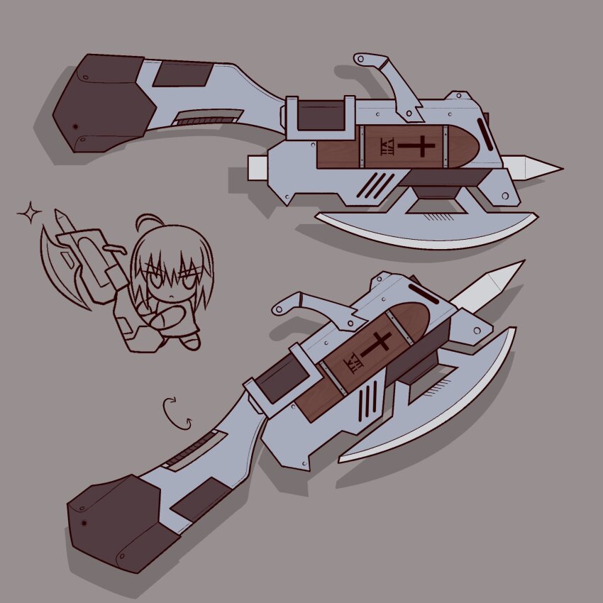 1girl ahoge axe chibi ciel_(tsukihime) cross gun highres holding holding_weapon huge_weapon medium_hair roman_numeral seventh_holy_scripture short_hair simple_background stake tsukihime tsukihime_(remake) weapon weapon_focus zeon132