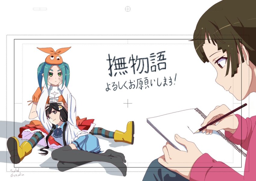aqua_eyes aqua_hair araragi_tsukihi boots drawing_(action) hands_on_another&#039;s_face holding holding_pencil holding_sketchbook looking_at_object monogatari_(series) ononoki_yotsugi orange_shirt pencil sengoku_nadeko shadow shirt short_twintails sitting sketchbook solal_girardin storyboard translation_request twintails white_background white_shirt