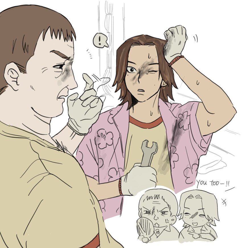 ! 2boys 8no_no8 absurdres brown_hair chibi chibi_inset collared_shirt daisuke_(mouthwashing) dirty dirty_face floral_print hawaiian_shirt highres holding holding_wrench male_focus mature_male medium_hair mole mole_on_cheek mole_under_eye mouthwashing multiple_boys multiple_moles notice_lines one_eye_closed open_mouth shirt short_hair simple_background sketch smile spoken_exclamation_mark swansea_(mouthwashing) sweat very_short_hair work_gloves wrench