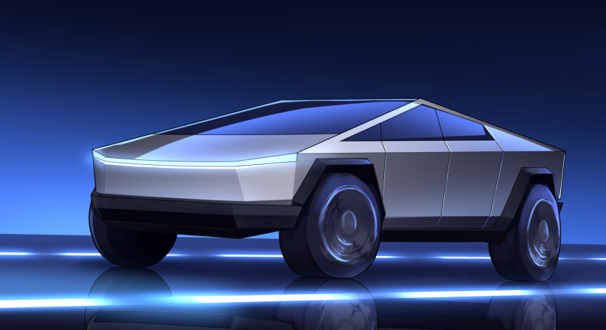 blue_background car commentary_request glowing glowing_floor gradient_background kai55 mixed-language_commentary motor_vehicle no_humans original pickup_truck reflection reflective_floor shadow tesla_(company) tesla_cybertruck truck vehicle_focus