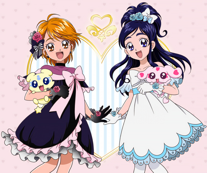 2girls adapted_costume black_dress black_gloves blue_eyes blue_hair bow brown_eyes dress earrings futari_wa_precure gloves half_updo jewelry long_hair mepple mipple misumi_nagisa multiple_girls official_art open_mouth orange_hair precure short_hair smile third-party_source white_bow white_dress white_gloves yukishiro_honoka
