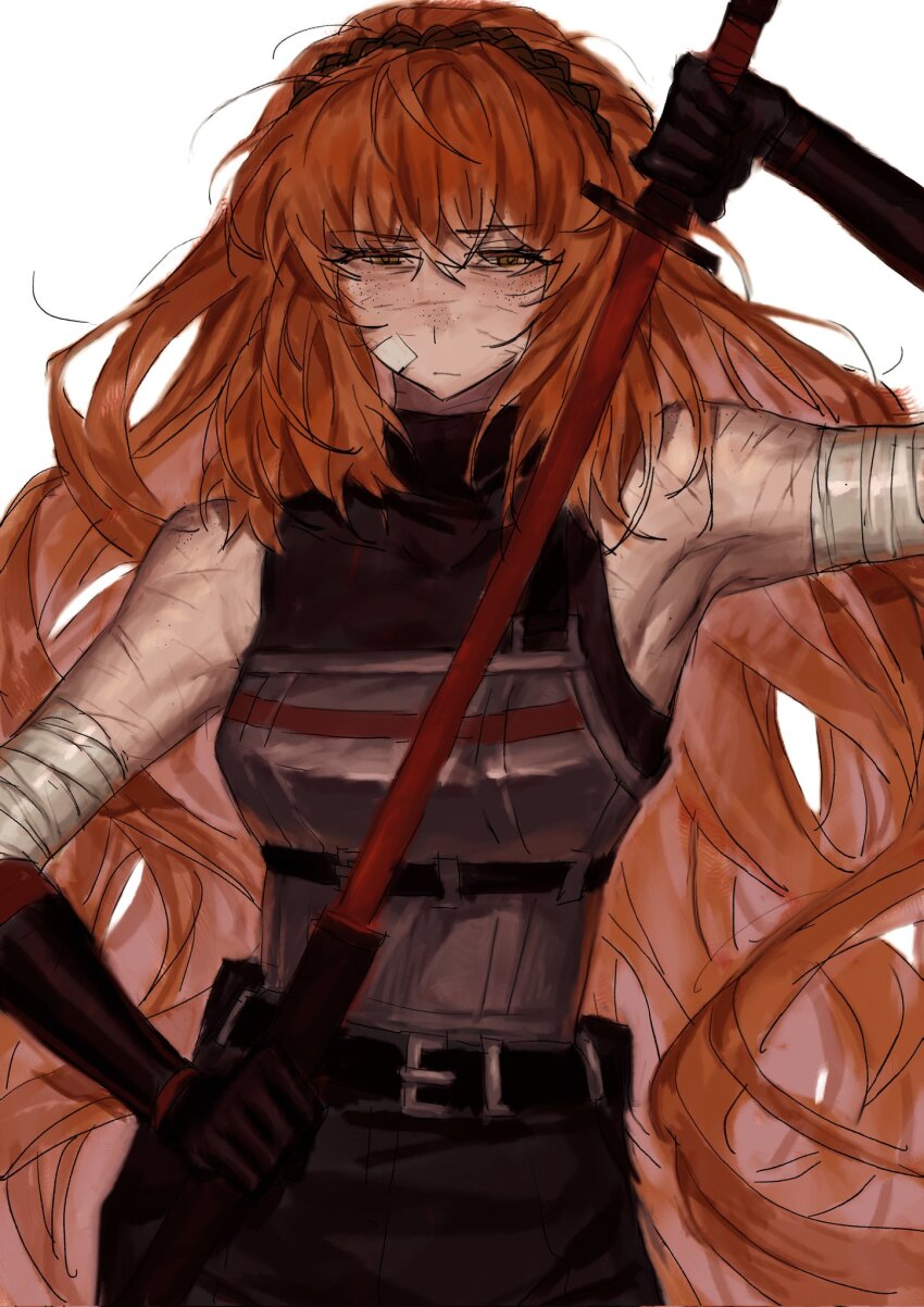 1girl armor armpits belt black_armor black_belt black_gloves black_pants black_shirt cowboy_shot gloves green_eyes highres ishmael_(project_moon) limbus_company long_hair looking_at_viewer narrowed_eyes orange_hair pants project_moon sheath shi_association_south_uniform shirt simple_background sleeveless sleeveless_shirt solo u87654321111111 unsheathing very_long_hair white_background